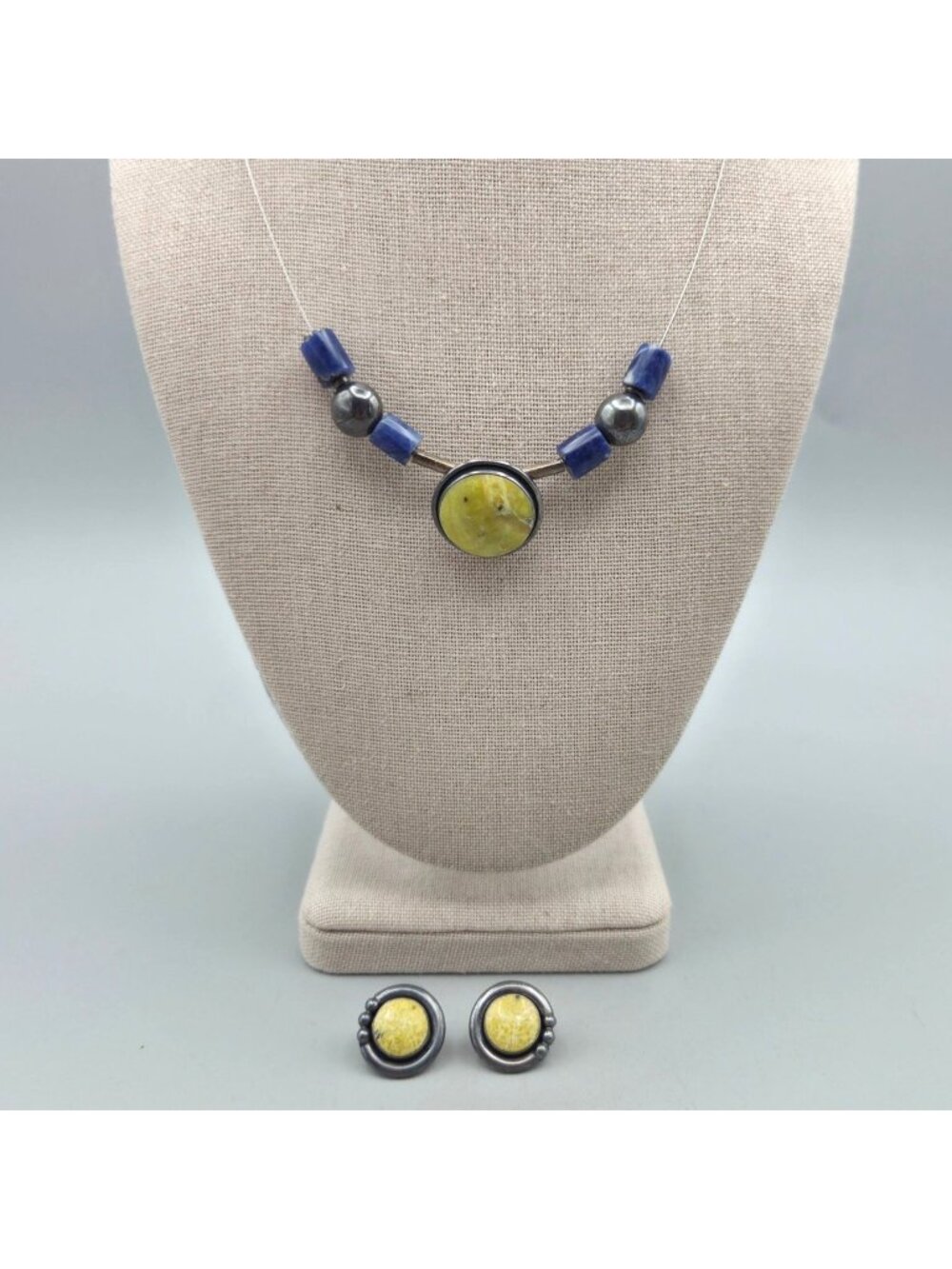 Artisan Sterling Silver Serpentine Sodalite Necklace Earrings Set 925 Boho 19 Gr